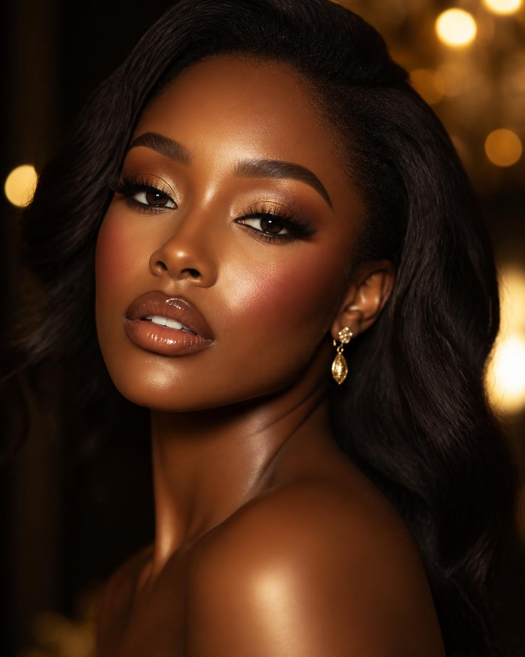 Modelo de pele negra com maquiagem ISCHIC no tom Nude + Cereja